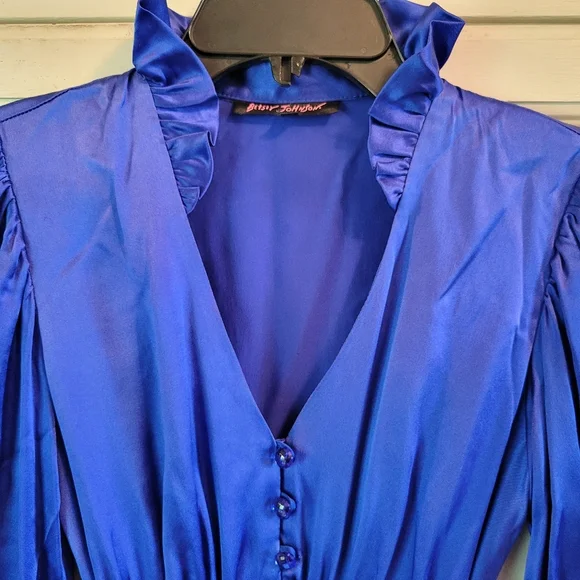 betsey johnson blue silk dress 80s Betsey Johnson Blue Velvet Dress  Luxie Vintage